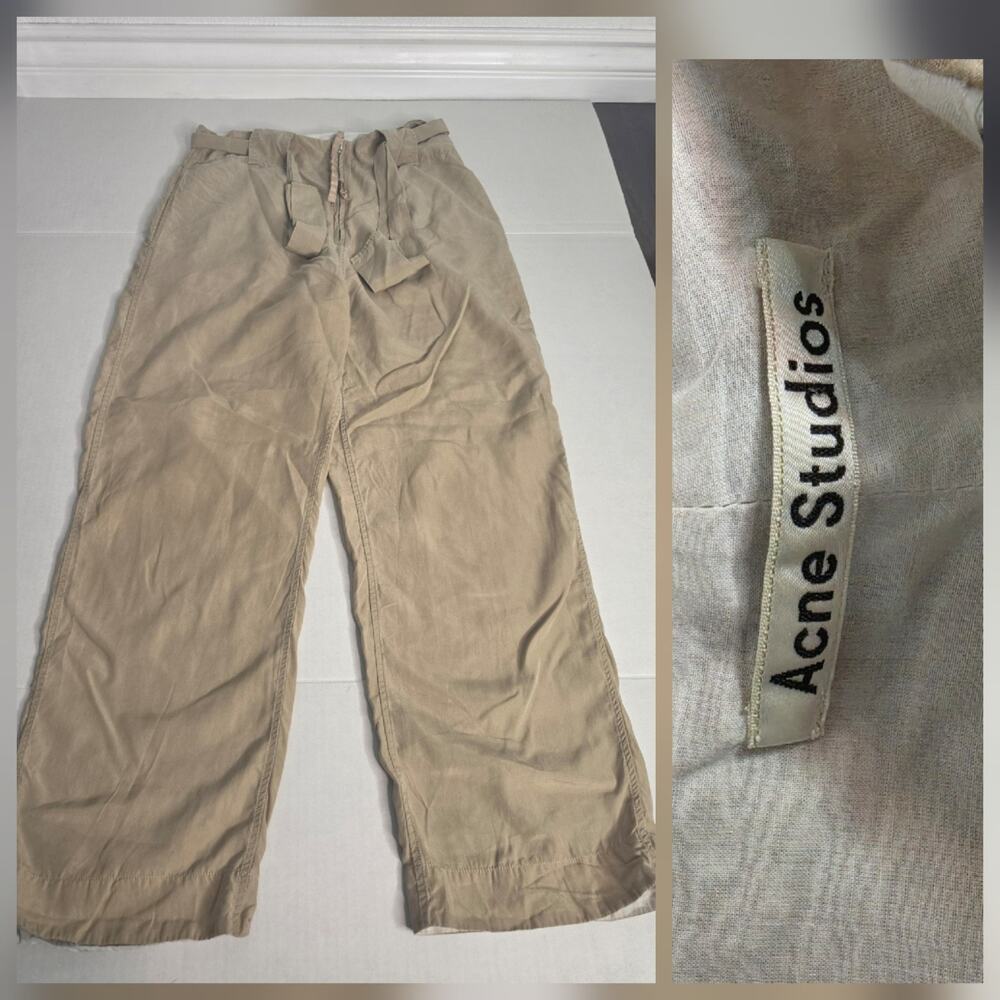 Acne Studio Pant Womens EU 36 Khaki Front Zip Up Belted Crop Trousers Neutral